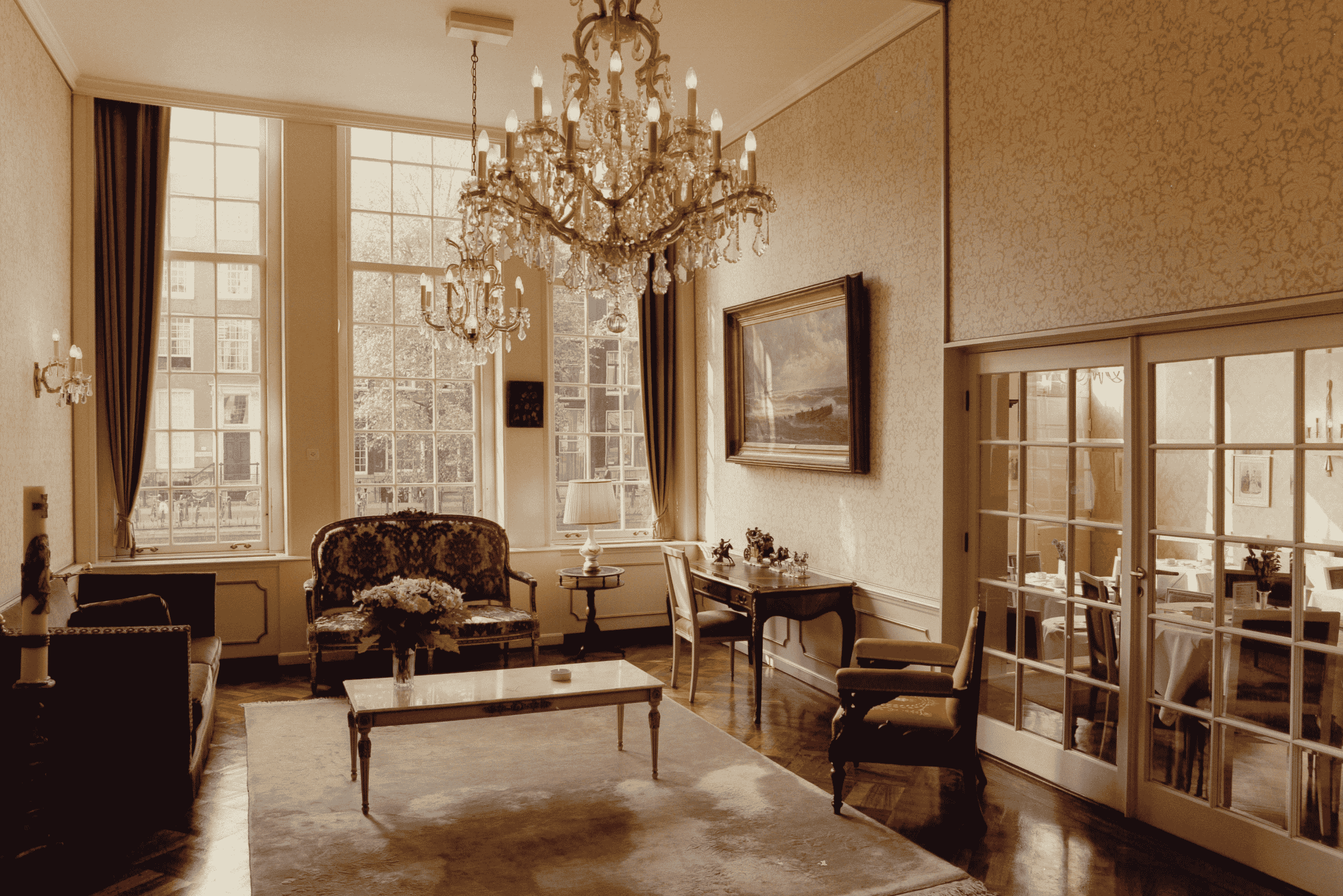 Vintage photo of the interior of the ambassade hotel in amsterdam, showcasing its historic design and classic ambiance.